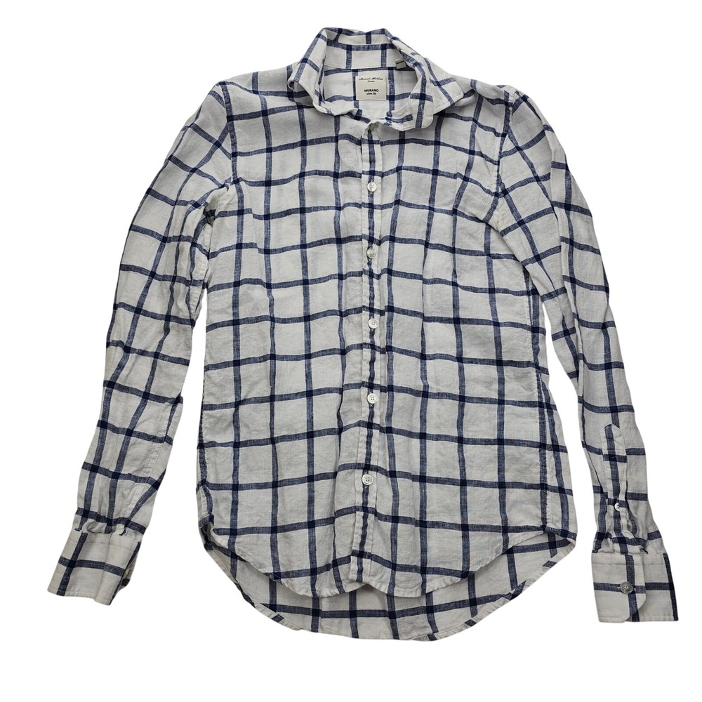 Murano Baird McNutt Linen Shirt Mens Small Slim Fit White Blue Windowpane Check‎